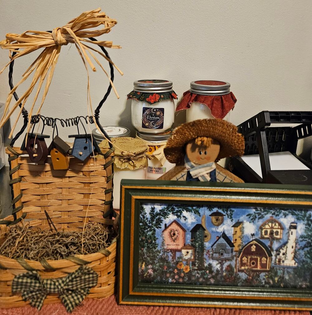 Vintage Primitive Country Birdhouse Decor Set Basket Farmer Framed Wall Art